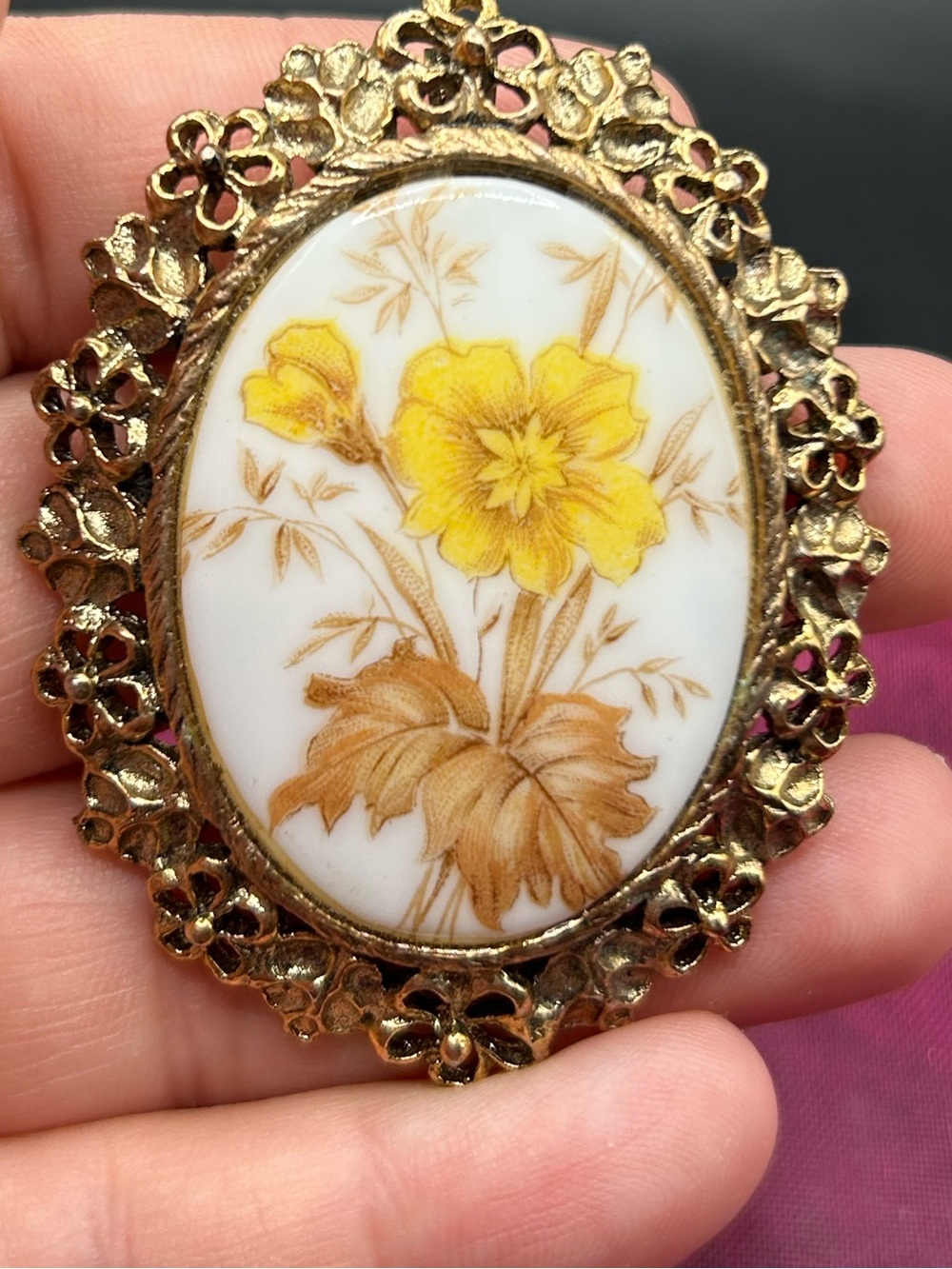 Vintage Floral Porcelain Cabochon Brooch or Pendant- Yellow Floral